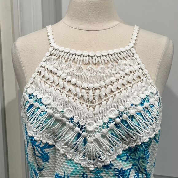 Lilly Pulitzer Dress Pearl Crochet Neck Halter Size 14 Blue & White - Picture 4 of 16